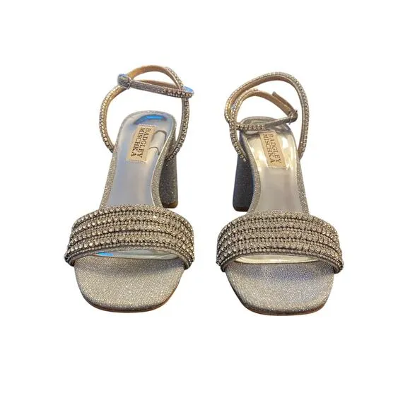 Badgley Mischka Becca Rhinestone Sandals Block Heel Whimsical Bridal Sz 5