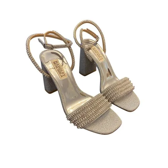Badgley Mischka Becca Rhinestone Sandals Block Heel Whimsical Bridal Sz 5