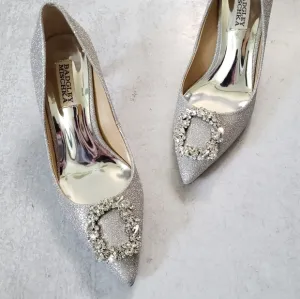 Badgley Mischka Carrie Crystal Embellished Pump Silver Glitter Heels SZ …