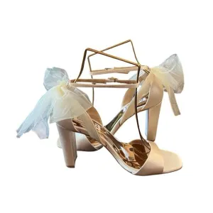Badgley Mischka Kim Mesh Tulle Back  Bow Block Heel Wedding Ivory NEW Size 6