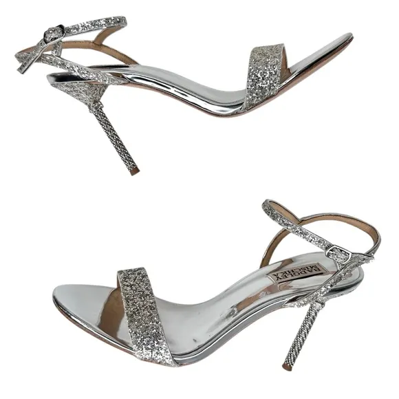 Badgley Mischka Olympia Glitter &amp; Crystal High Heel Sandals Shoes SZ 9.5 Silver