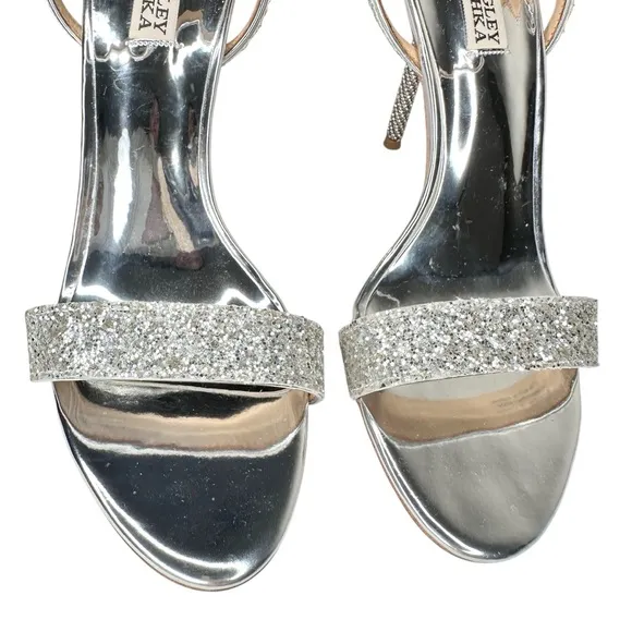 Badgley Mischka Olympia Glitter &amp; Crystal High Heel Sandals Shoes SZ 9.5 Silver