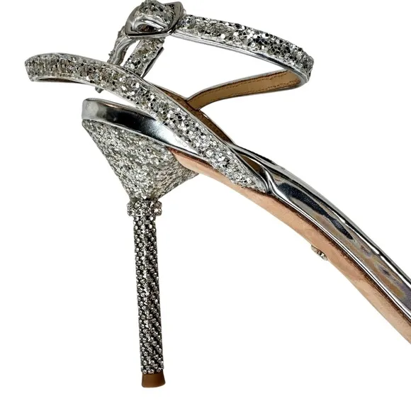 Badgley Mischka Olympia Glitter &amp; Crystal High Heel Sandals Shoes SZ 9.5 Silver