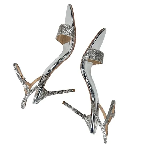 Badgley Mischka Olympia Glitter &amp; Crystal High Heel Sandals Shoes SZ 9.5 Silver