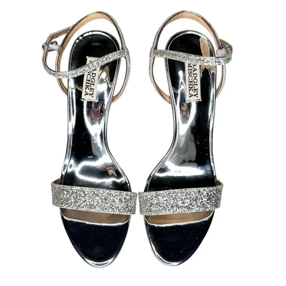 Badgley Mischka Olympia Glitter &amp; Crystal High Heel Sandals Shoes SZ 9.5 Silver