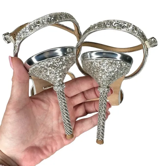 Badgley Mischka Olympia Glitter &amp; Crystal High Heel Sandals Shoes SZ 9.5 Silver