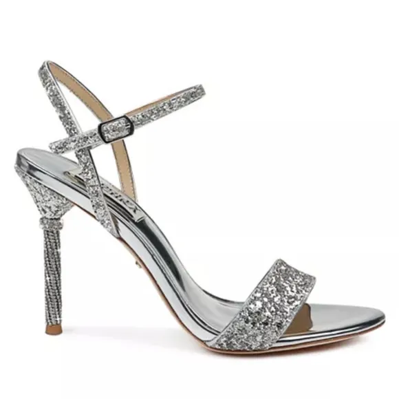 Badgley Mischka Olympia Glitter &amp; Crystal High Heel Sandals Shoes SZ 9.5 Silver