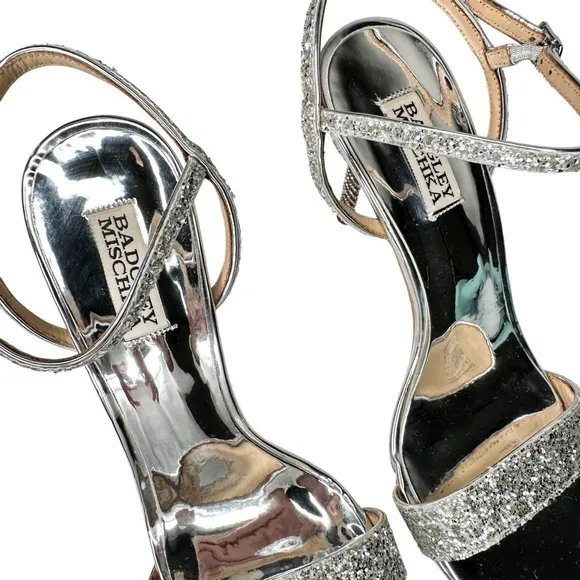 Badgley Mischka Olympia Glitter &amp; Crystal High Heel Sandals Shoes SZ 9.5 Silver