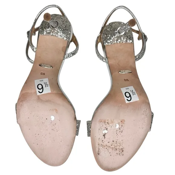 Badgley Mischka Olympia Glitter &amp; Crystal High Heel Sandals Shoes SZ 9.5 Silver