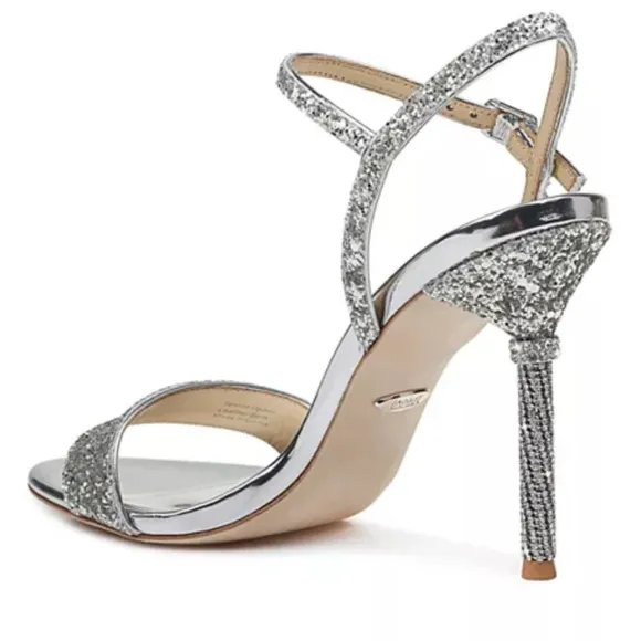 Badgley Mischka Olympia Glitter &amp; Crystal High Heel Sandals Shoes SZ 9.5 Silver