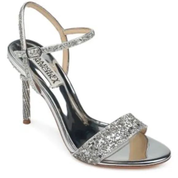 Badgley Mischka Olympia Glitter &amp; Crystal High Heel Sandals Shoes SZ 9.5 Silver