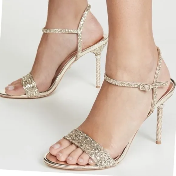 Badgley Mischka Olympia Glitter &amp; Crystal High Heel Sandals Shoes SZ 9.5 Silver