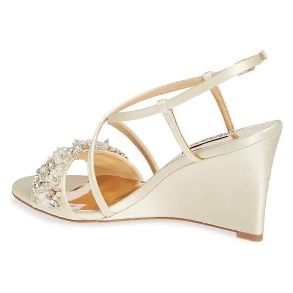 Badgley Mischka Women's Clarisa Embellished Wedge Sandal Ivory MP5243 Size 8.5