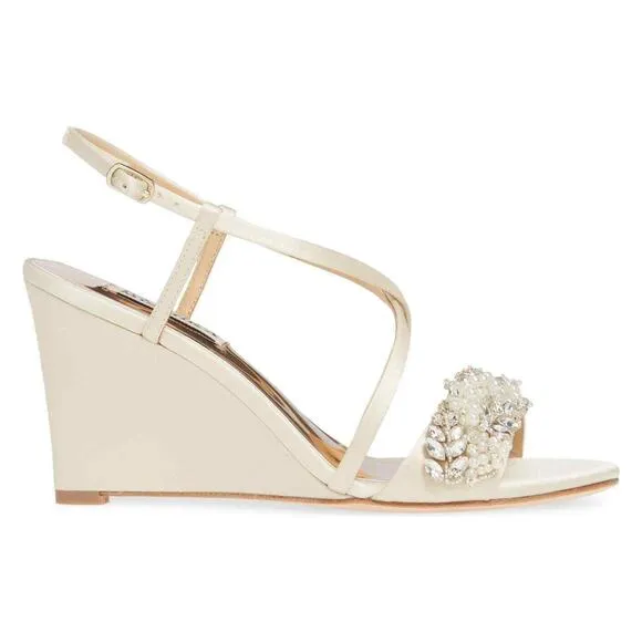 Badgley Mischka Women's Clarisa Embellished Wedge Sandal Ivory MP5243 Size 8.5
