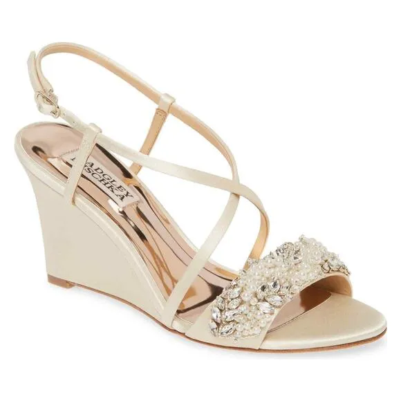Badgley Mischka Women's Clarisa Embellished Wedge Sandal Ivory MP5243 Size 8.5