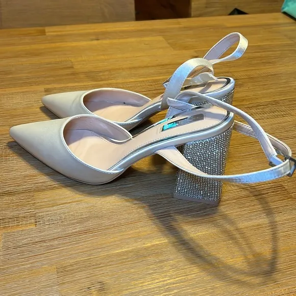 Be Mine Wide Fit Bridal Rylee embellished block heel shoes in ivory satin-White