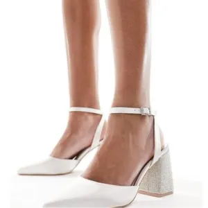 Be Mine Wide Fit Bridal Rylee embellished block heel shoes in ivory satin-White