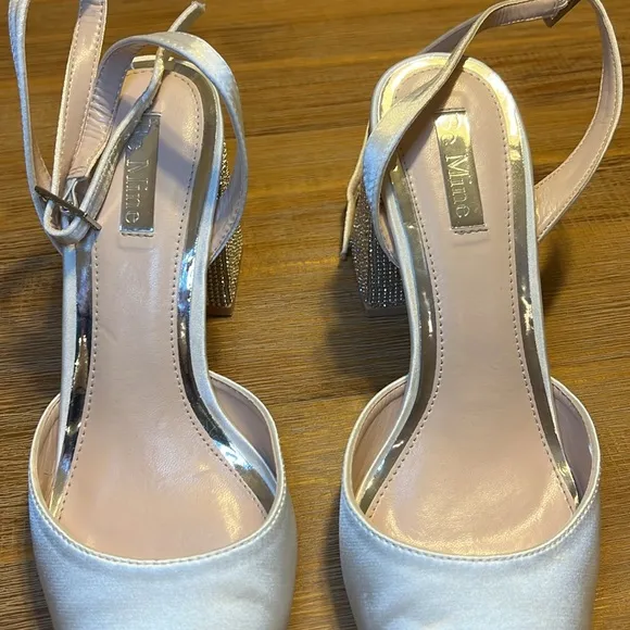 Be Mine Wide Fit Bridal Rylee embellished block heel shoes in ivory satin-White