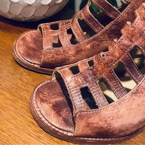 BED STU Occam Cage Gladiator Distressed Leather Heeled Sandals Boots Brown Tan