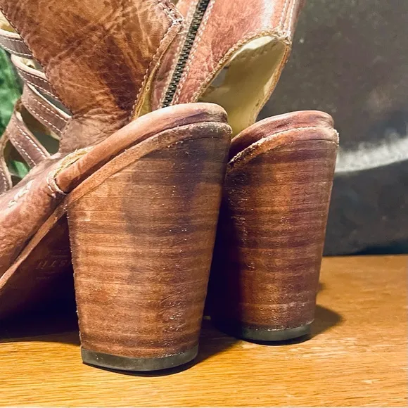 BED STU Occam Cage Gladiator Distressed Leather Heeled Sandals Boots Brown Tan
