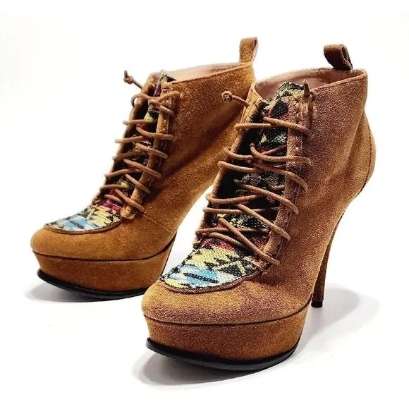 BETSEY JOHNSON Edenn Pump High Heel Ankle Bootie Rust Multi Eden Size 8.5 Shoe