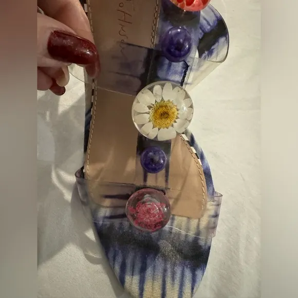 Betsey Johnson Lennie Flower Floral Sandals Clear Block Heels Gingham Tie Die 7