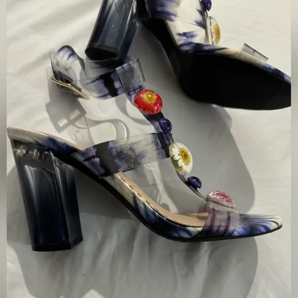 Betsey Johnson Lennie Flower Floral Sandals Clear Block Heels Gingham Tie Die 7