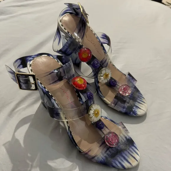 Betsey Johnson Lennie Flower Floral Sandals Clear Block Heels Gingham Tie Die 7