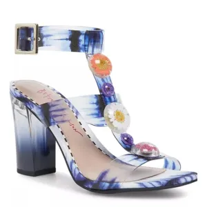 Betsey Johnson Lennie Flower Floral Sandals Clear Block Heels Gingham Tie Die 7