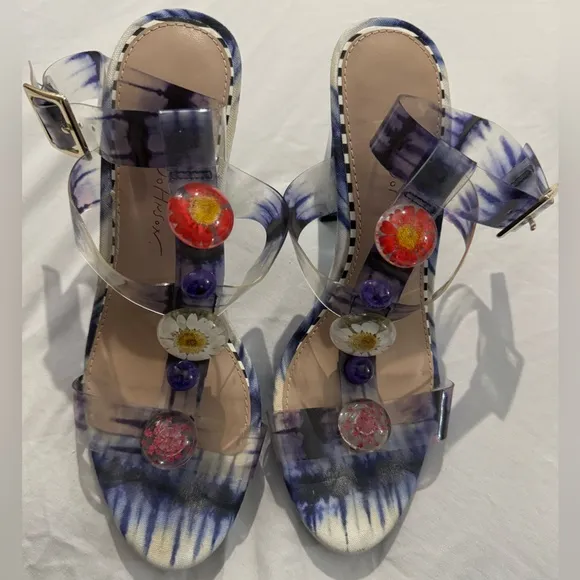 Betsey Johnson Lennie Flower Floral Sandals Clear Block Heels Gingham Tie Die 7