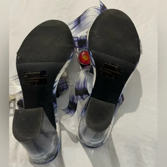 Betsey Johnson Lennie Flower Floral Sandals Clear Block Heels Gingham Tie Die 7