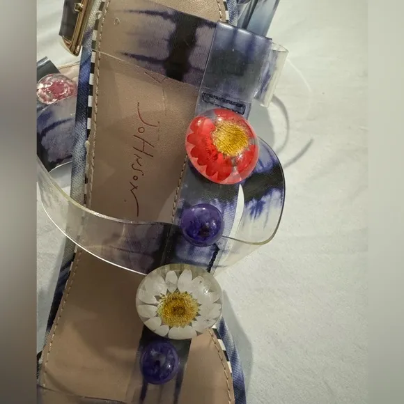 Betsey Johnson Lennie Flower Floral Sandals Clear Block Heels Gingham Tie Die 7