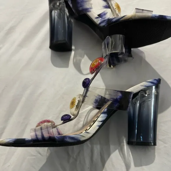 Betsey Johnson Lennie Flower Floral Sandals Clear Block Heels Gingham Tie Die 7