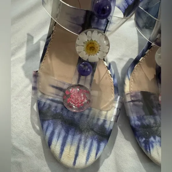 Betsey Johnson Lennie Flower Floral Sandals Clear Block Heels Gingham Tie Die 7