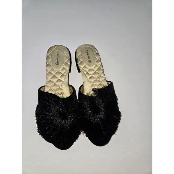 Birdies Dove Satin Mules Shoes Slip On Puff Tassel Black Comfort 6.5 EUC