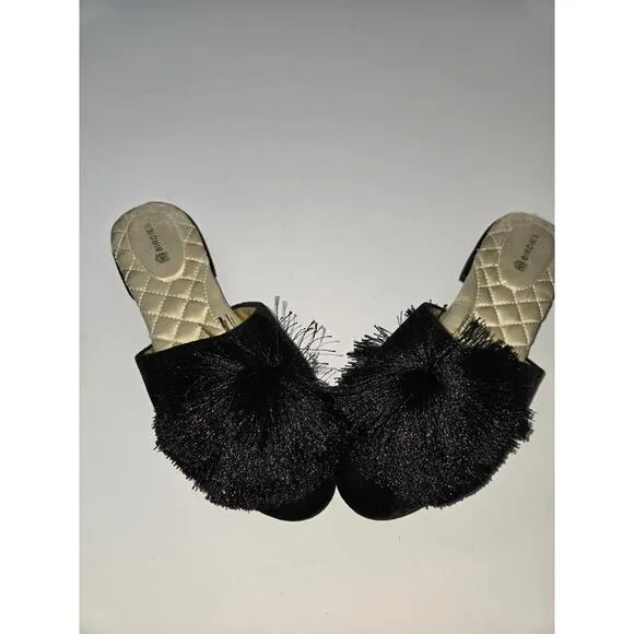 Birdies Dove Satin Mules Shoes Slip On Puff Tassel Black Comfort 6.5 EUC