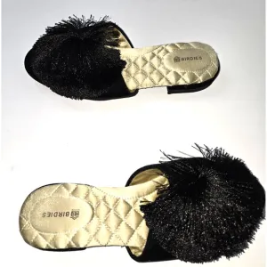 Birdies Dove Satin Mules Shoes Slip On Puff Tassel Black Comfort 6.5 EUC