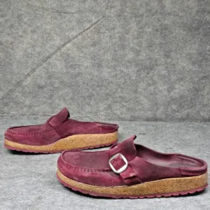 Birkenstock Burgundy Suede Buckle‎ Mules Comfort Clogs Cork Footbed Size 38