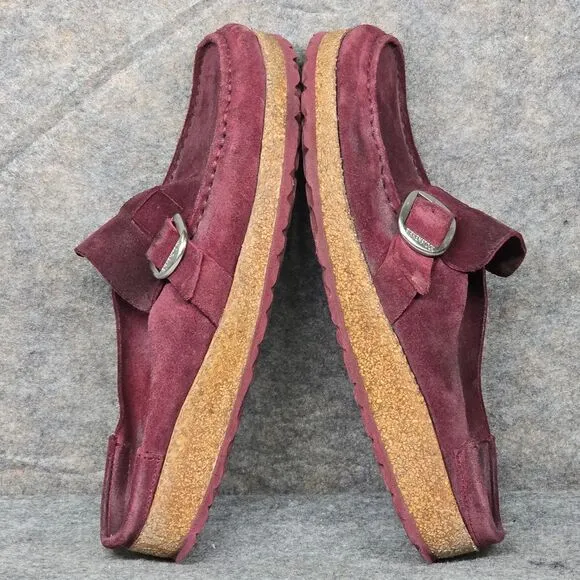Birkenstock Burgundy Suede Buckle‎ Mules Comfort Clogs Cork Footbed Size 38