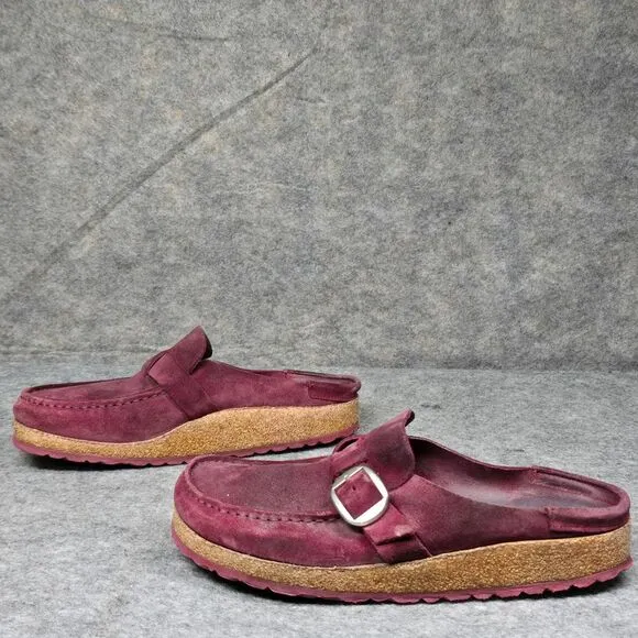 Birkenstock Burgundy Suede Buckle‎ Mules Comfort Clogs Cork Footbed Size 38