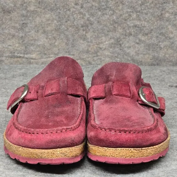 Birkenstock Burgundy Suede Buckle‎ Mules Comfort Clogs Cork Footbed Size 38