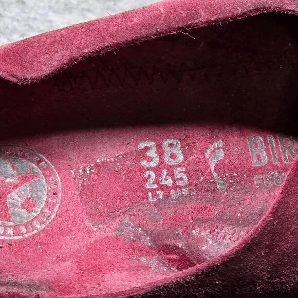 Birkenstock Burgundy Suede Buckle‎ Mules Comfort Clogs Cork Footbed Size 38