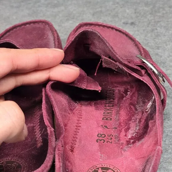 Birkenstock Burgundy Suede Buckle‎ Mules Comfort Clogs Cork Footbed Size 38