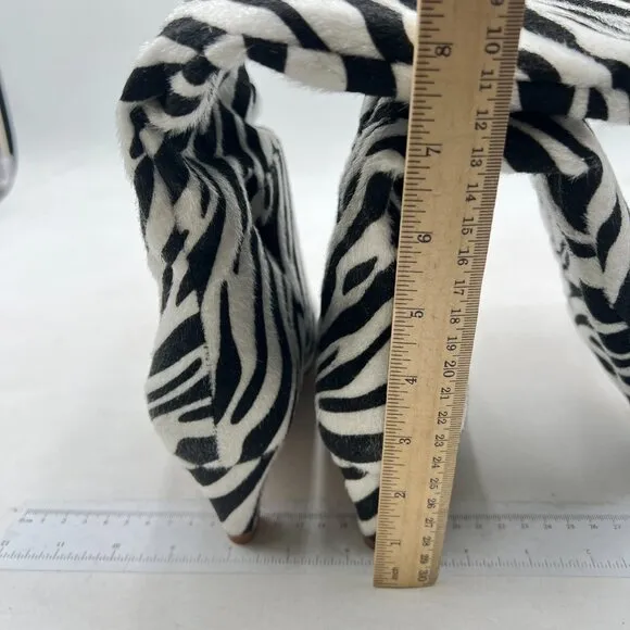 Black And White Zebra Stretchy Knee High Boot Square Toe Low Kitten Heel Boots