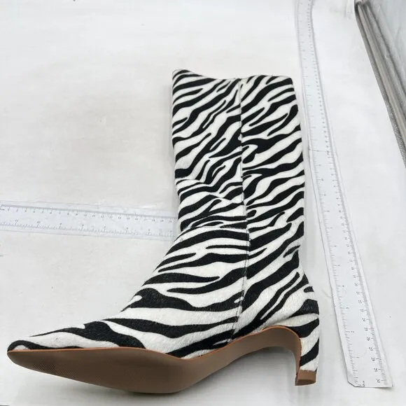 Black And White Zebra Stretchy Knee High Boot Square Toe Low Kitten Heel Boots