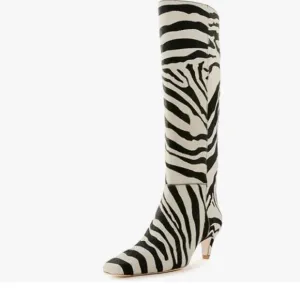 Black And White Zebra Stretchy Knee High Boot Square Toe Low Kitten Heel Boots