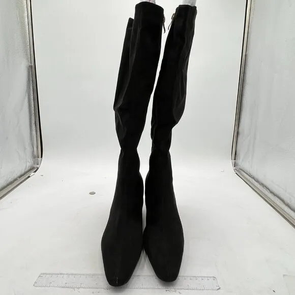 Black Women Kitten Heel Over Knee High Boot Square Toe Side Zip Wide Calf Shoe