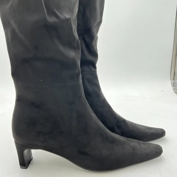 Black Women Kitten Heel Over Knee High Boot Square Toe Side Zip Wide Calf Shoe