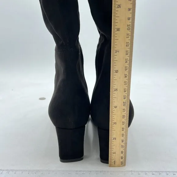 Black Women Kitten Heel Over Knee High Boot Square Toe Side Zip Wide Calf Shoe