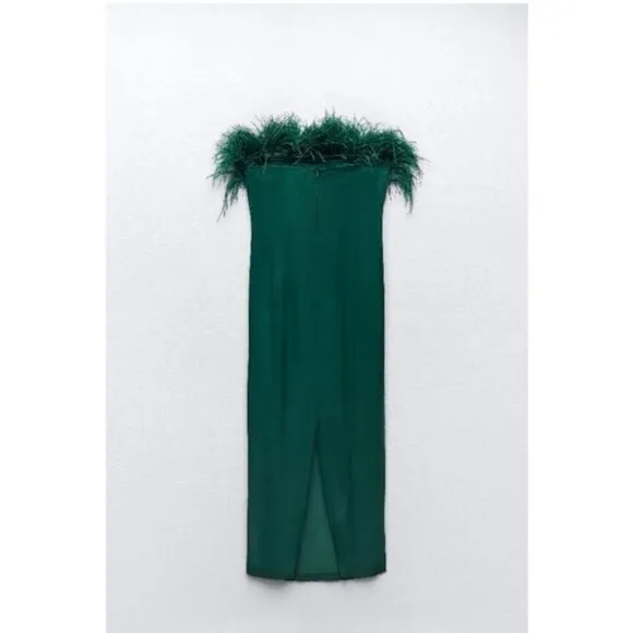 BLOGGER’S FAVE | NWT Zara - Green Feather Satin Effect Strapless Dress
